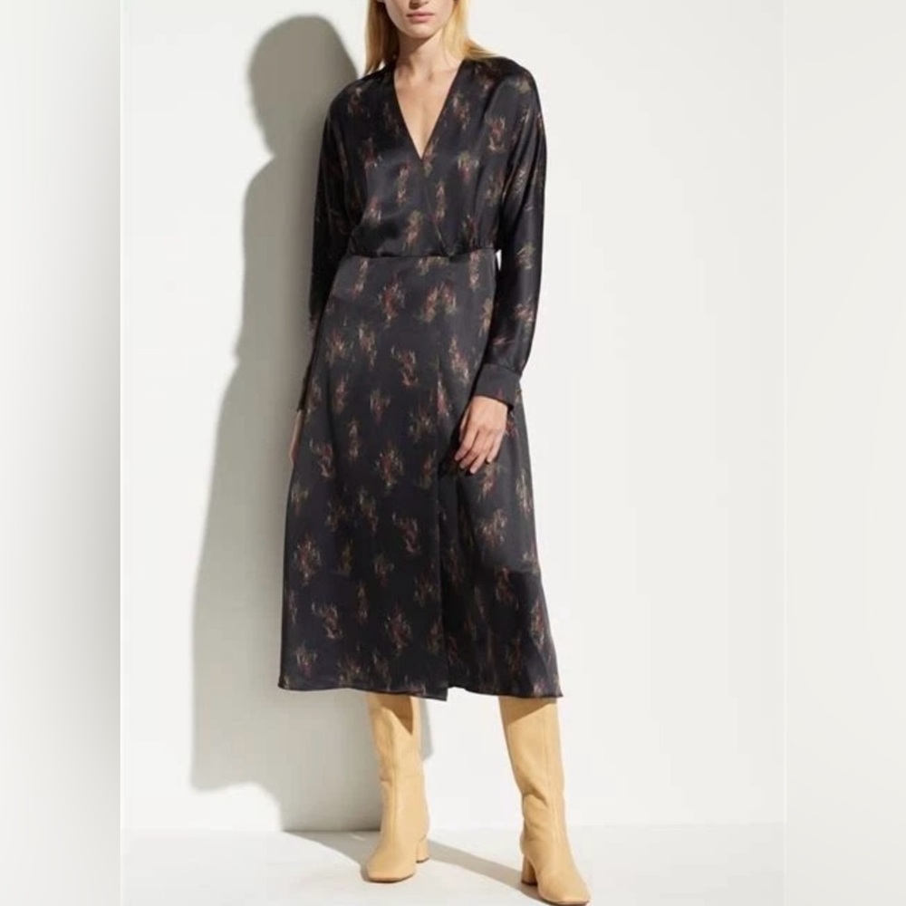 $445 Vince “Wisteria” floral silky long sleeve faux wrap v-neck dress  Size XS - Picture 3 of 14